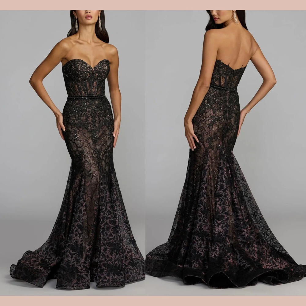NWT Mac Duggal [ 2‎ ] 79308 Embellished Lace Strapless Trumpet Gown Black #J2326
